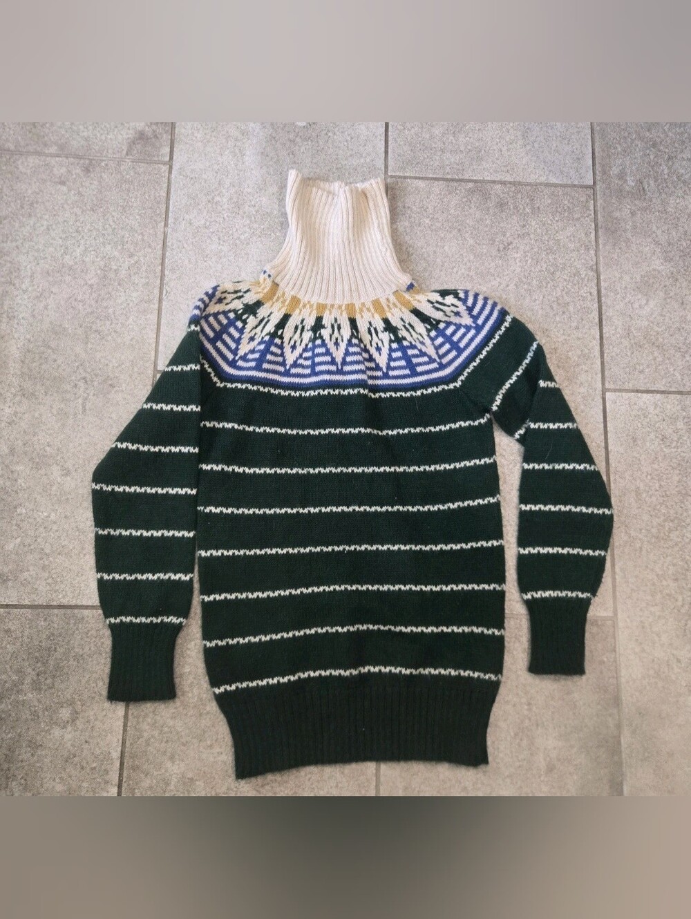 VTG Cacharel Italy Fair Isle Mohair Wool Nordic Turtleneck Sweater Dark Green 3